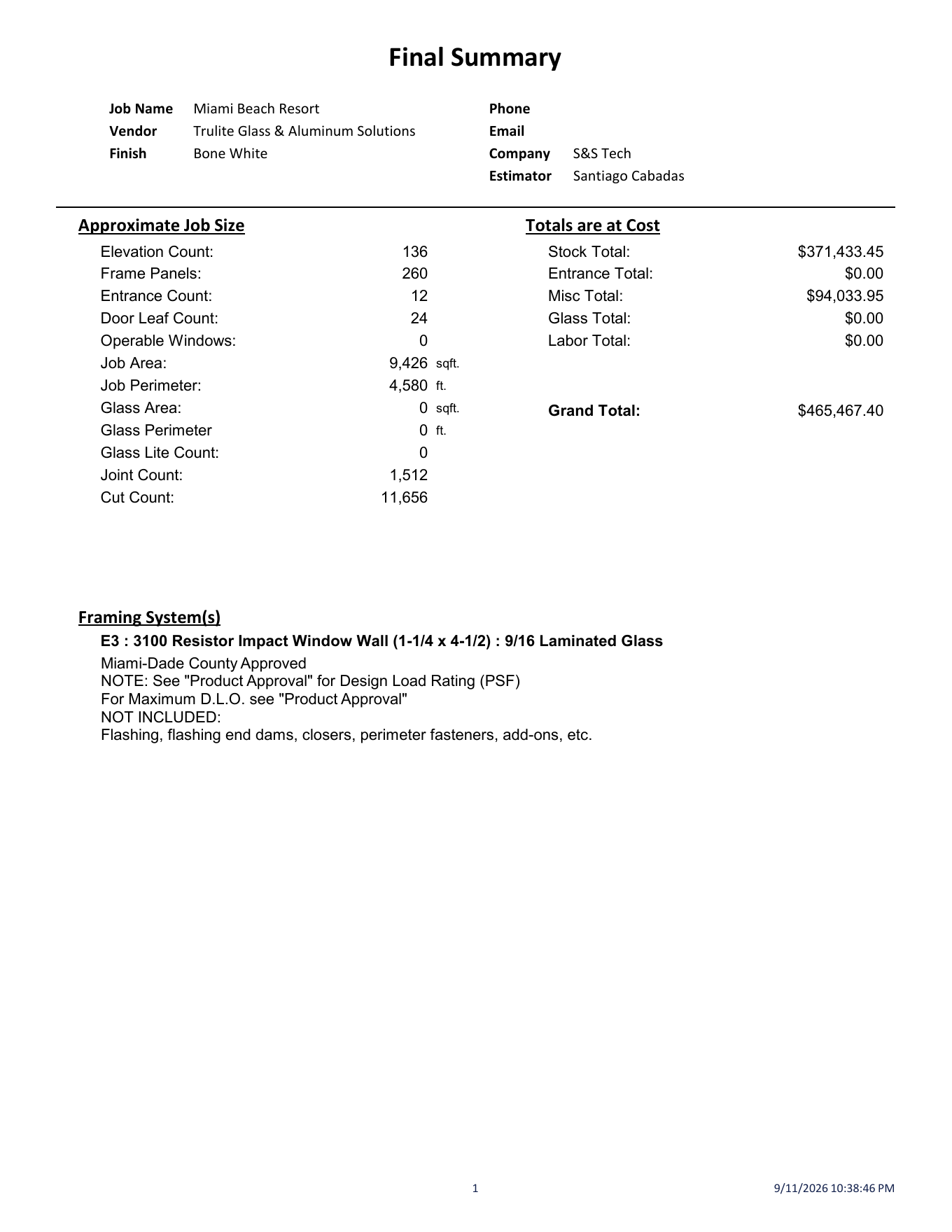 S&S Technical Solutions current material cost summary
