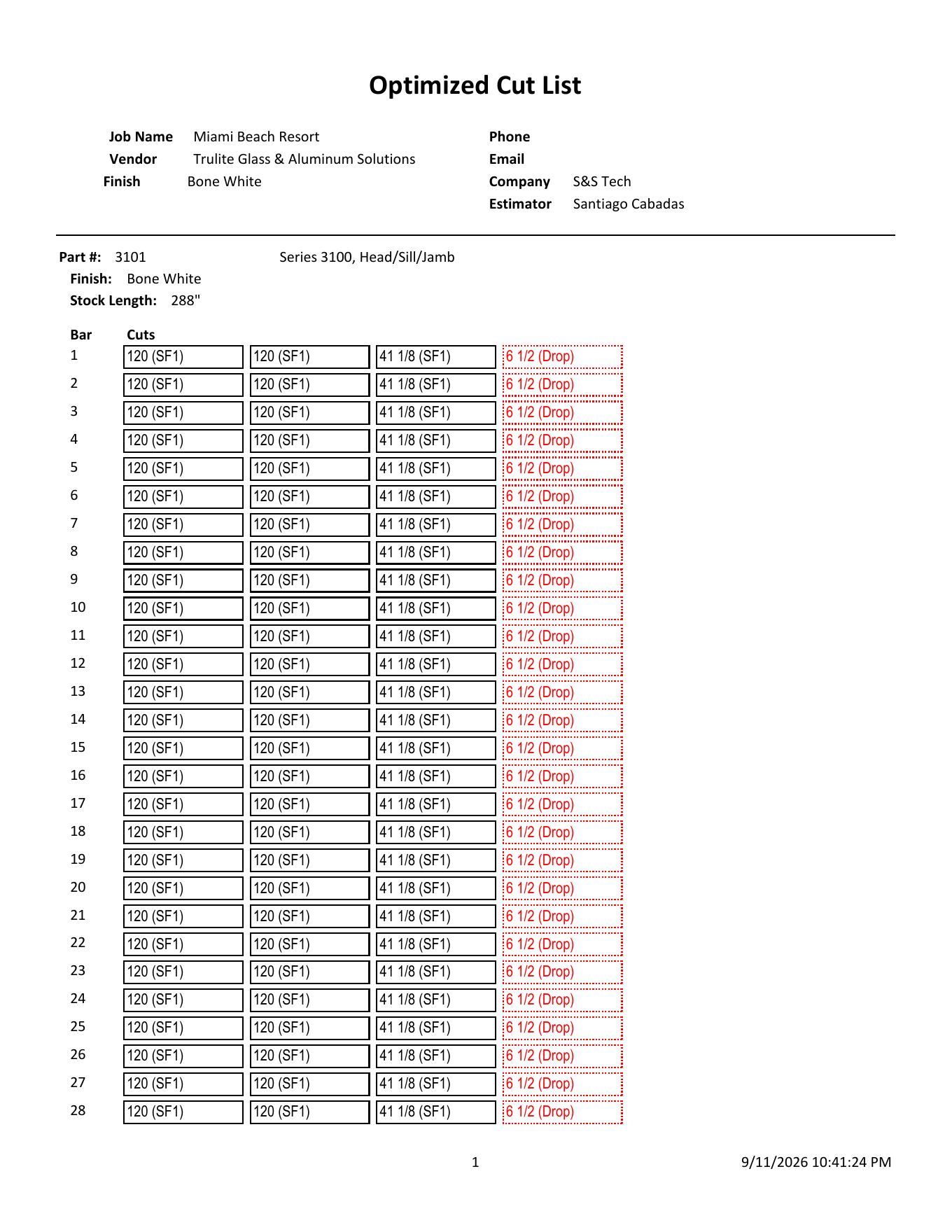 S&S Technical Solutions optimized aluminum cut list